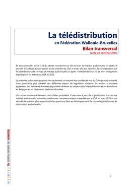 La Télédistribution En Fédération Wallonie-Bruxelles Bilan Transversal (Suite Aux Contrôles 2015)