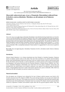 Musserakis Sulawesiensis Gen. Et Sp. N. (Nematoda: Heterakidae) Collected from Echiothrix Centrosa (Rodentia: Muridae), an Old Endemic Rat of Sulawesi, Indonesia