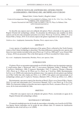 Especie Nueva De Anfípodo Del Género Photis (Gammaridea: Photidae) Del Archipiélago Cubano