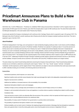 Pricesmart Announces Plans to Build a New Warehouse Club in Panama