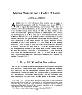 Marcus Musurus and a Codex of Lysias , Greek, Roman and Byzantine Studies, 23:4 (1982:Winter) P.377