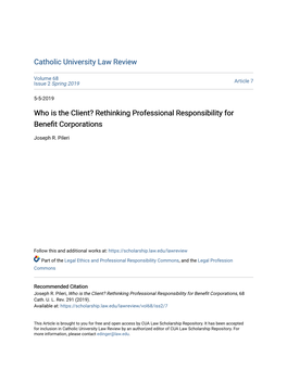 Who Is the Client? Rethinking Professional Responsibility for Benefit Corporations