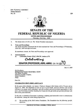 FEDERAL REPUBLIC of NIGERIA VOTES and PROCEEDINGS Thursday, 23Rd July, 2009