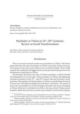 Psychiatry in Vilnius in 16Th–20Th Centuries: Review on Social Transformations