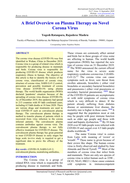 A Brief Overview on Plasma Therapy on Novel Corona Virus