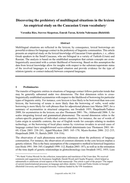 Discovering the Prehistory of Multilingual Situations in the Lexicon an Empirical Study on the Caucasian Urum Vocabulary*