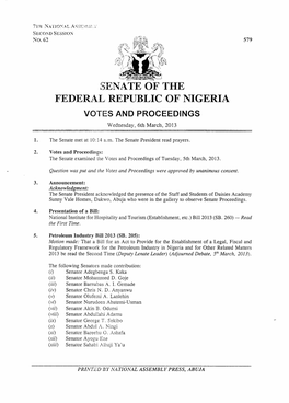 SENATE of the FEDERAL REPUBLIC of NIGERIA VOTES and PROCEEDINGS Wednesday, 6Th March, 2013