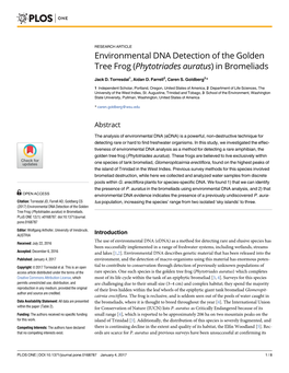 Environmental DNA Detection of the Golden Tree Frog (Phytotriades Auratus) in Bromeliads