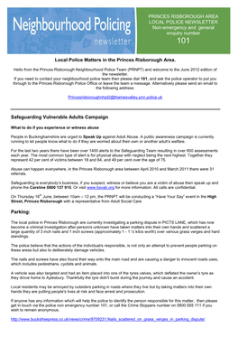 Hazwhy PRINCES RISBOROUGH AREA LOCAL POLICE NEWSLETTER Non-Emergency and General Enquiry Number