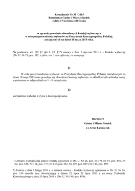 Zarządzenie Nr 35 / 2015 Burmistrza Gminy I Miasta Szadek Z Dnia 17 Kwietnia 2015 Roku