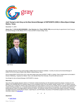 Josh Young to Join Gray As the New General Manager of KWTX/KBTX (CBS) in Waco-Byan-College Station, Texas