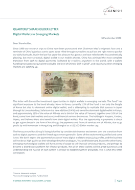 QUARTERLY SHAREHOLDER LETTER Digital Wallets in Emerging Markets 30 September 2020