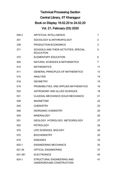 Technical Processing Section Central Library, IIT Kharagpur Book on Display 18.02.20 to 24.02.20 Vol