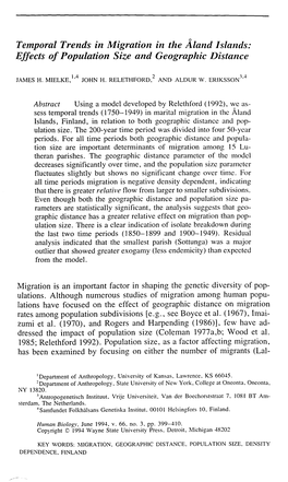 Temporal Trends in Migration in the Aland Islands: Effects of Population Size and Geographic Distance