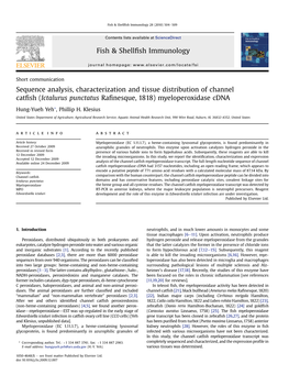 Sequence Analysis, Characterization and Tissue Distribution of Channel Catﬁsh (Ictalurus Punctatus Raﬁnesque, 1818) Myeloperoxidase Cdna