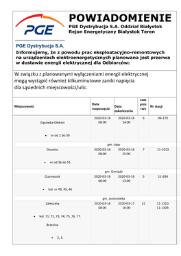 POWIADOMIENIE PGE Dystrybucja S.A