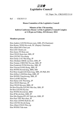 Minutes of the 17Th Meeting Held in Conference Room 1 of the Legislative Council Complex at 2:30 Pm on Friday, 28 February 2014