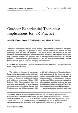 Outdoor Experiential Therapies: Implications for TR Practice