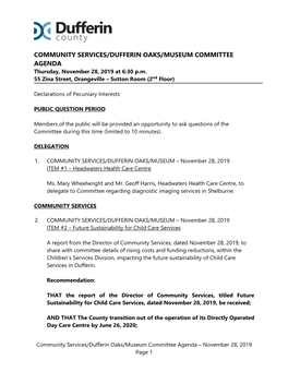 2019-11-28 Community Services Dufferin Oaks Museum Agenda