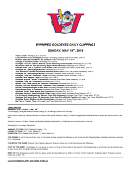 Winnipeg Goldeyes Daily Clippings Sunday, May 19 , 2019