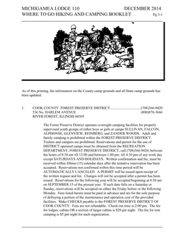 MICHIGAMEA LODGE 110 DECEMBER 2014 WHERE to GO HIKING and CAMPING BOOKLET Pg 3-1