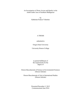 An Investigation of Water Access and Quality in the Ambovombe Area of Southern Madagascar