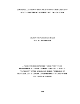 Commercialization of Bride Wealth Among the Kipsigis of Bureti Constituency, Southern Rift Valley, Kenya