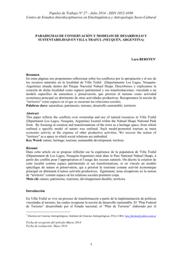 Papeles De Trabajo Nº 27 - Julio 2014 - ISSN 1852-4508 Centro De Estudios Interdisciplinarios En Etnolingüística Y Antropología Socio-Cultural