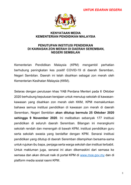 Untuk Edaran Segera Kenyataan Media Kementerian Pendidikan Malaysia Penutupan Institusi Pendidikan Di Kawasan Zon Merah Di Daera
