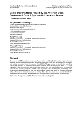 Value-Creating Roles Played by the Actors in Open Government Data: a Systematic Literature Review Completed Research Paper