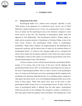 1. INTRODUCTION 1.1 Background of the Study Psychological Thriller Was a Famous Movie Sub-Genre, Especially in Early 1960S Becau
