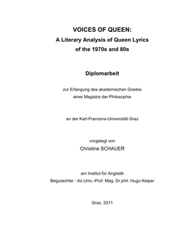 VOICES of QUEEN: a Literary Analysis of Queen Lyrics of the 1970S and 80S