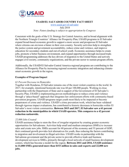 USAID/EL SALVADOR COUNTRY FACT SHEET July 2018 Note: Future Funding Is Subject to Appropriation by Congress