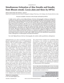 Simultaneous Estimation of Aloe Emodin and Emodin from Rheum Emodi, Cassia Alata and Aloes by HPTLC