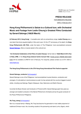 PRESS RELEASE Hong Kong Philharmonic's Salute to a Cultural
