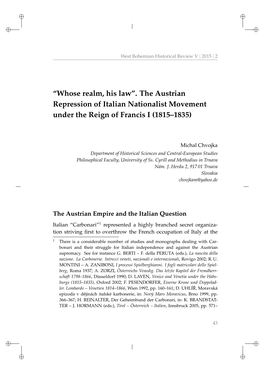 “Whose Realm, His Law”. the Austrian Repression of Italian Nationalist Movement Under the Reign of Francis I (1815–1835)