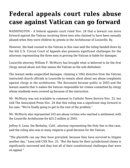 Federal Appeals Court Rules Abuse Case Against Vatican Can Go Forward