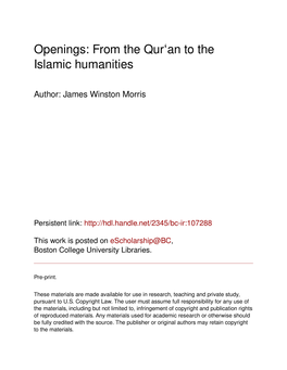 Openings: from the Qurʻan to the Islamic Humanities