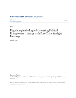 Regulating in the Light: Harnessing Political Entrepreneurs’ Energy with Post-Crisis Sunlight Hearings Jennifer Taub