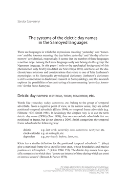 The Systems of the Deictic Day Names in the Samoyed Languages