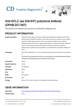 Anti-GCLC (Aa 528-637) Polyclonal Antibody (DPAB-DC1367) This Product Is for Research Use Only and Is Not Intended for Diagnostic Use