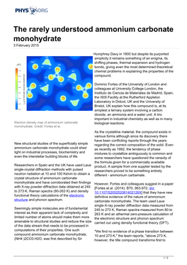 The Rarely Understood Ammonium Carbonate Monohydrate 3 February 2015