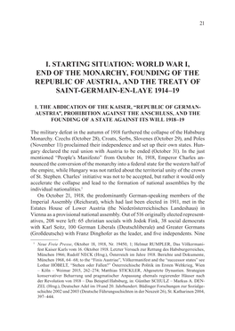 World War I, End of the Monarchy, Founding of the Republic of Austria, and the Treaty of Saint-Germain-En-Laye 1914–19