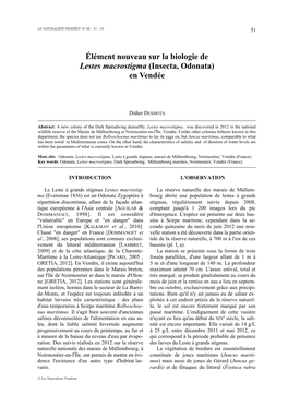 Élément Nouveau Sur La Biologie De Lestes Macrostigma (Insecta, Odonata) En Vendée