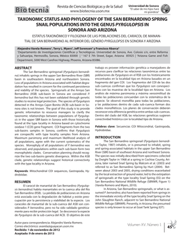 Taxonomic Status and Phylogeny of the San Bernardino Spring Snail Populations Into the Genus Pyrgulopsisin Sonora and Arizona