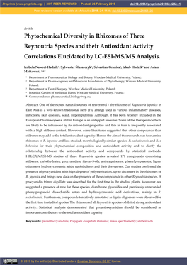 Phytochemical Diversity in Rhizomes of Three Reynoutria Species and Their Antioxidant Activity Correlations Elucidated by LC-ESI-MS/MS Analysis