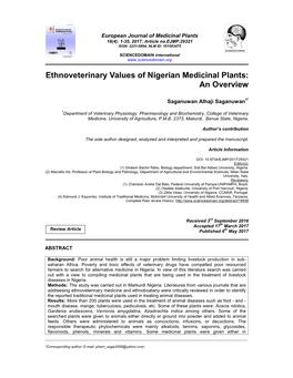 Ethnoveterinary Values of Nigerian Medicinal Plants: an Overview