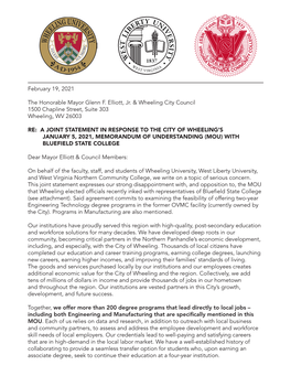 February 19, 2021 the Honorable Mayor Glenn F. Elliott, Jr. & Wheeling City Council 1500 Chapline Street, Suite 303 Wheeling