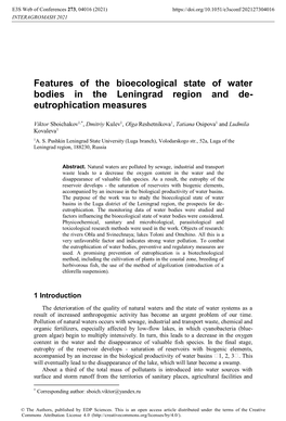 Features of the Bioecological State of Water Bodies in the Leningrad Region and De- Eutrophication Measures