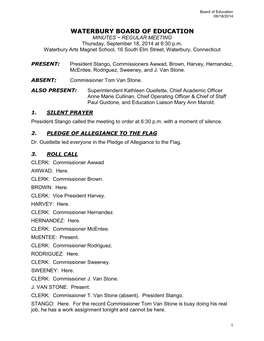 WATERBURY BOARD of EDUCATION MINUTES ~ REGULAR MEETING Thursday, September 18, 2014 at 6:30 P.M